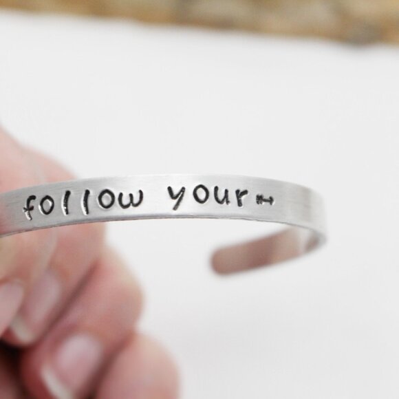 Follow Your (Arrow) ---> - Hand Stamped Anodized Aluminum Bangle - Adjustable - Picture 5 of 11